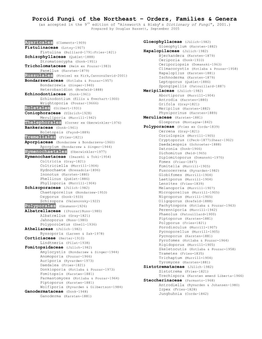 Poroid Fungi of the Northeast – Orders, Families & Genera