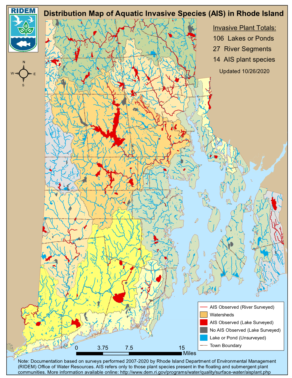 Distribution Map of Aquatic Invasive Species (AIS) in Rhode Island