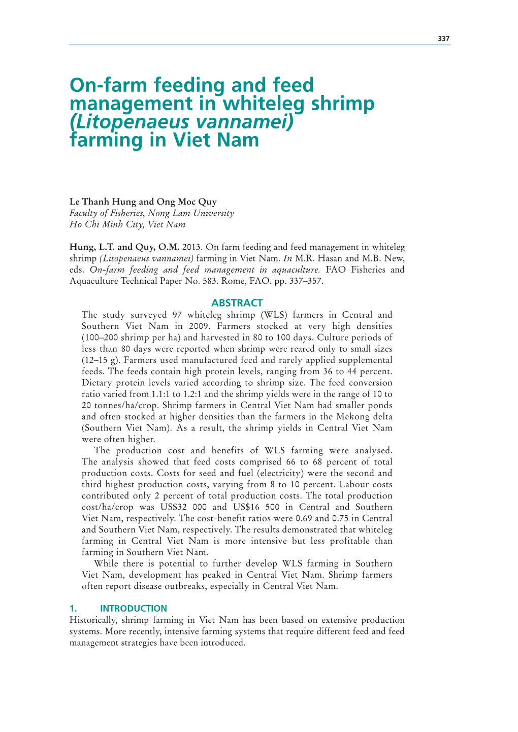 On-Farm Feeding and Feed Management in Whiteleg Shrimp (Litopenaeus Vannamei) Farming in Viet Nam