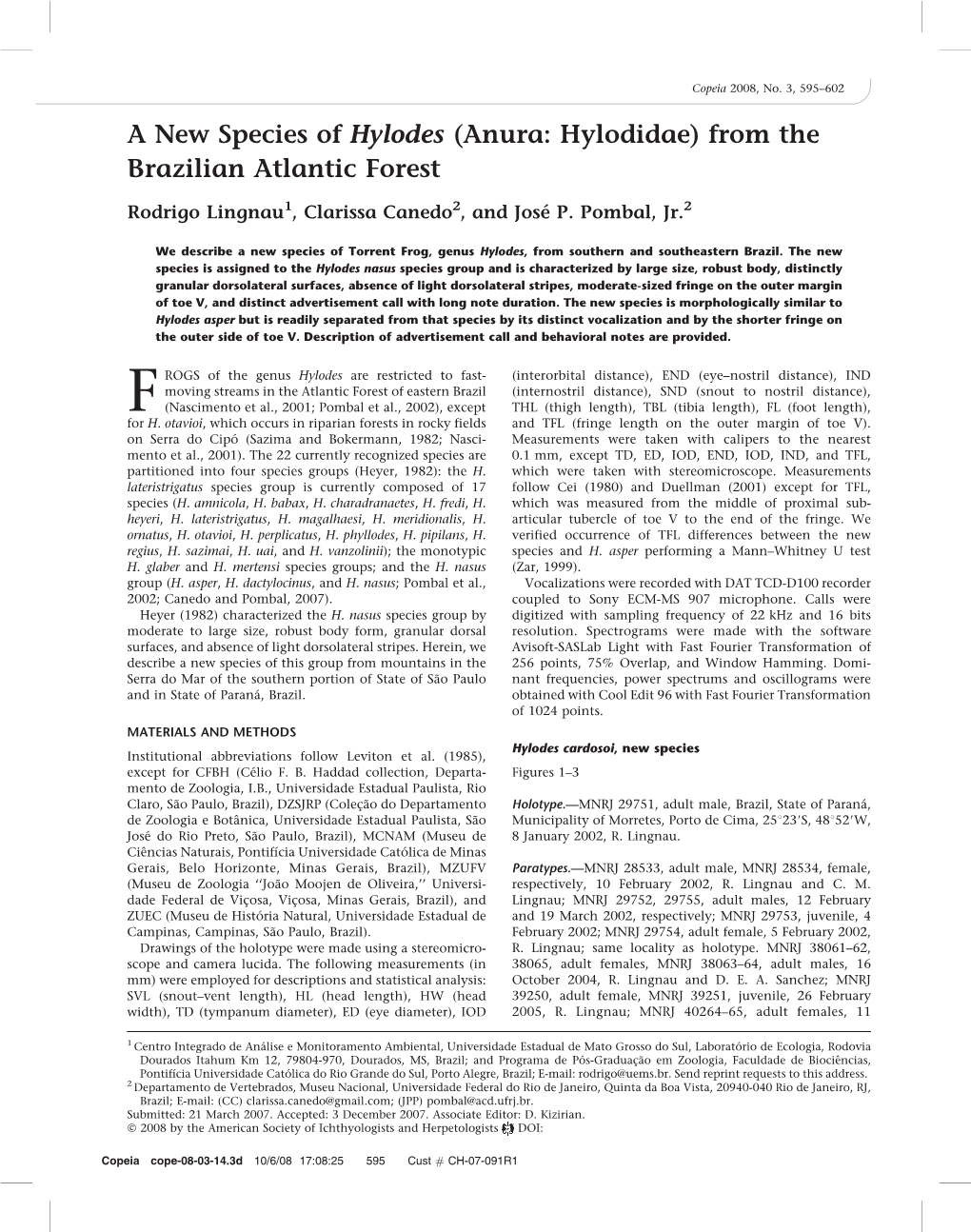 A New Species of Hylodes (Anura: Hylodidae) from the Brazilian Atlantic Forest