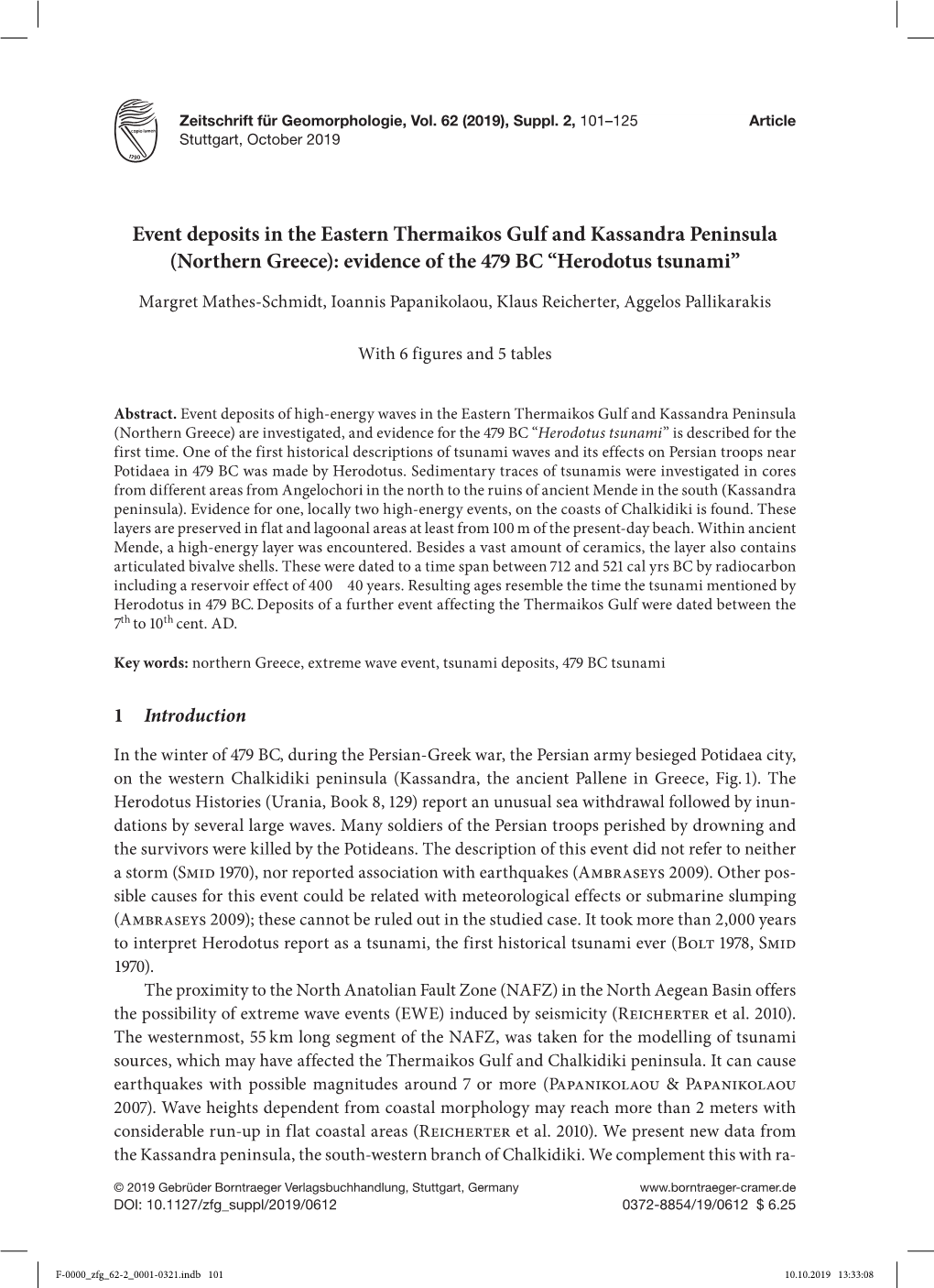 Event Deposits in the Eastern Thermaikos Gulf and Kassandra Peninsula (Northern Greece): Evidence of the 479 BC “Herodotus Tsunami”