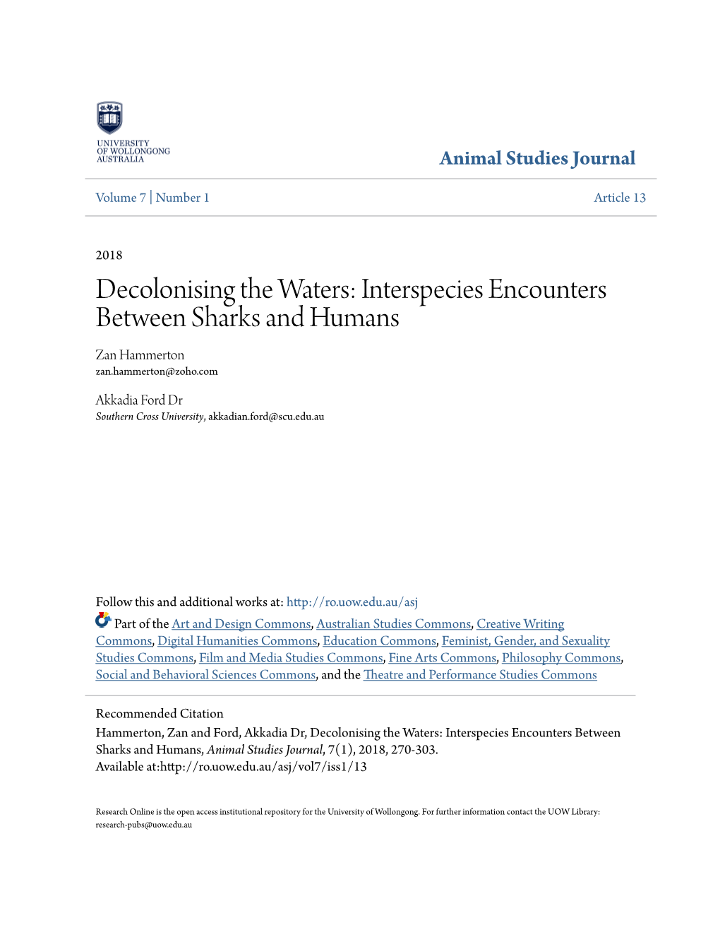 Decolonising the Waters: Interspecies Encounters Between Sharks and Humans Zan Hammerton Zan.Hammerton@Zoho.Com