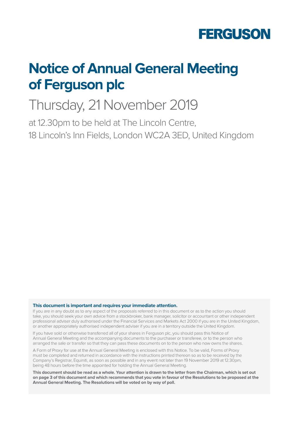 Notice of Annual General Meeting of Ferguson Plc Thursday, 21