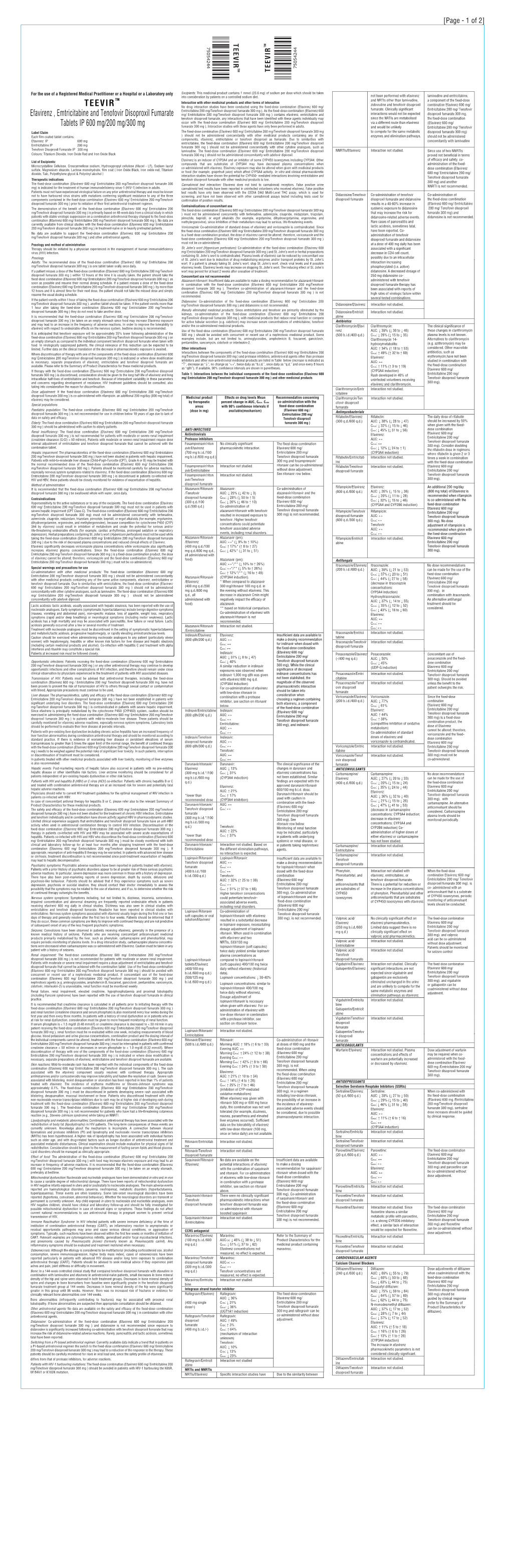 Efavirenz/Emtricitabine/Tenofovir Disoproxil Fumarate (Teevir)