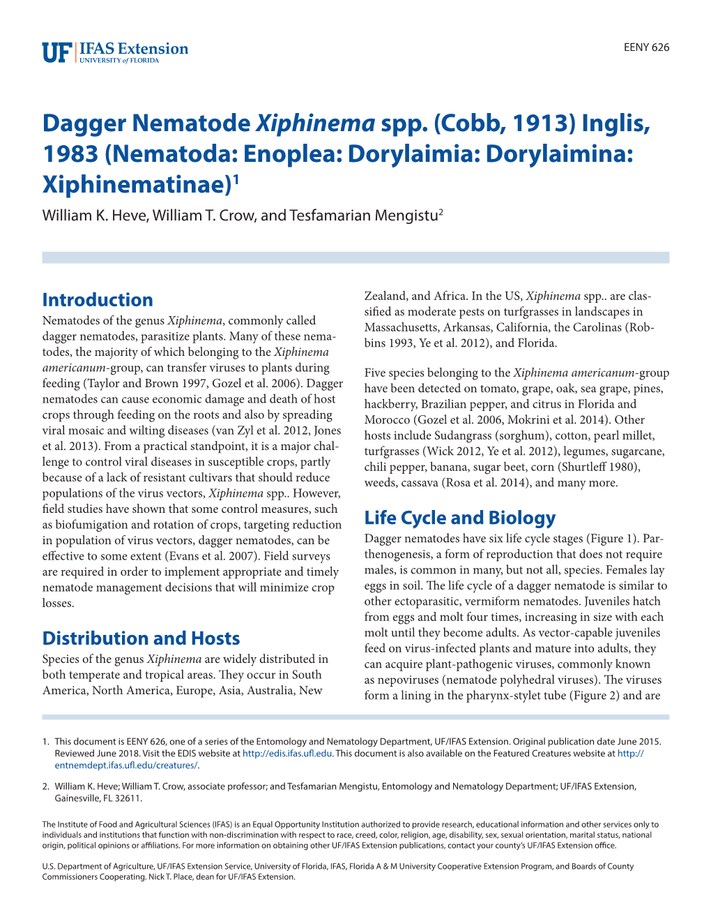 Dagger Nematode Xiphinema Spp. (Cobb, 1913) Inglis, 1983 (Nematoda: Enoplea: Dorylaimia: Dorylaimina: Xiphinematinae)1 William K