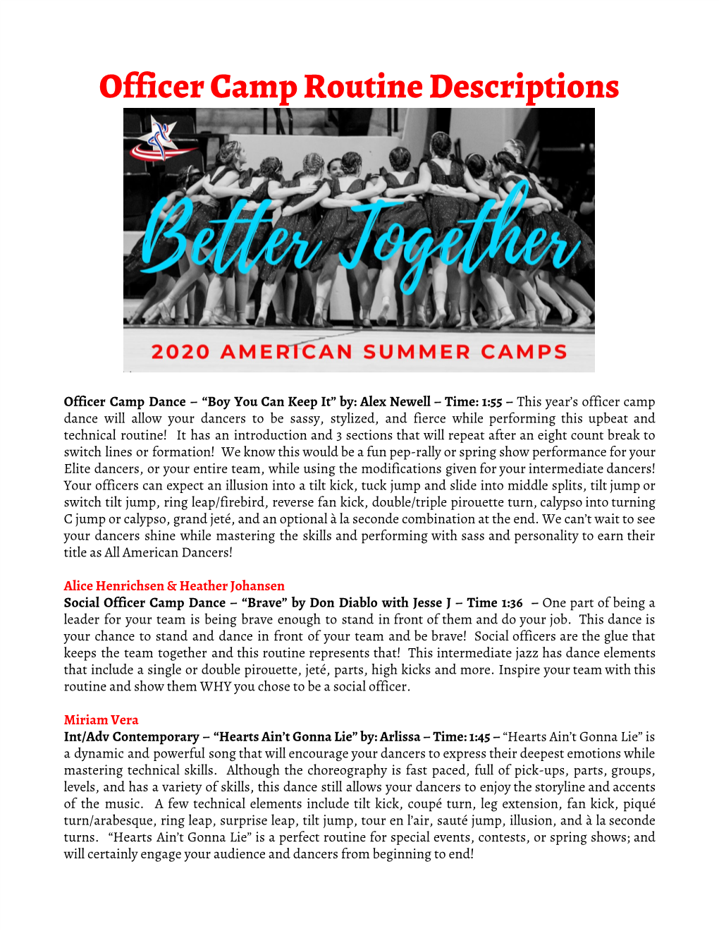 Officer Camp Routine Descriptions