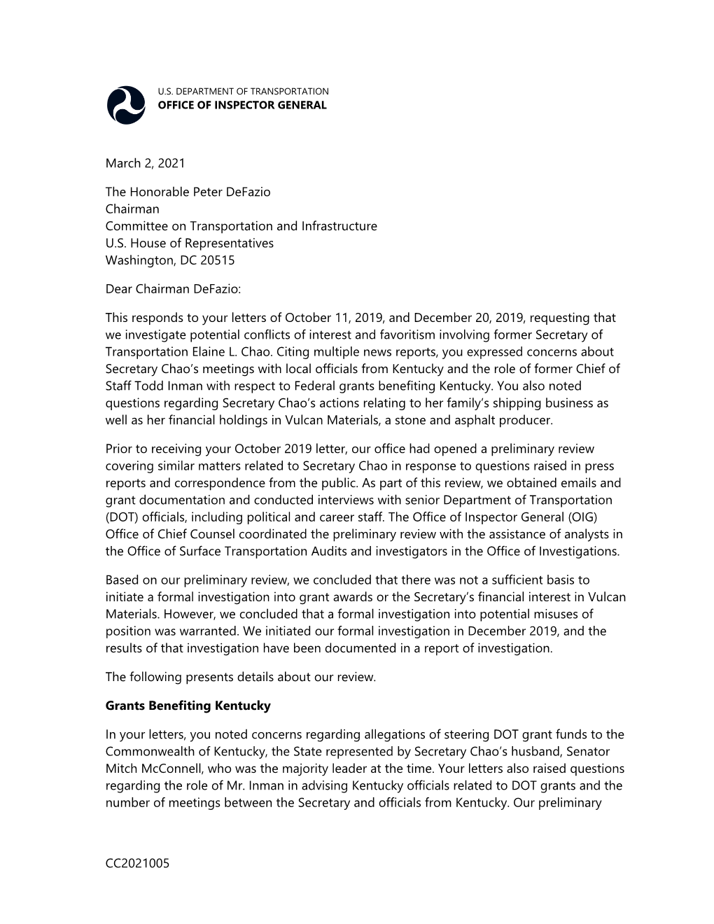 DOT OIG Letter to Chairman Peter Defazio 2021-03-02.Pdf