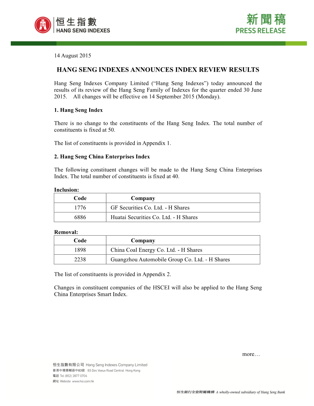 Hang Seng Indexes Announces Index Review Results