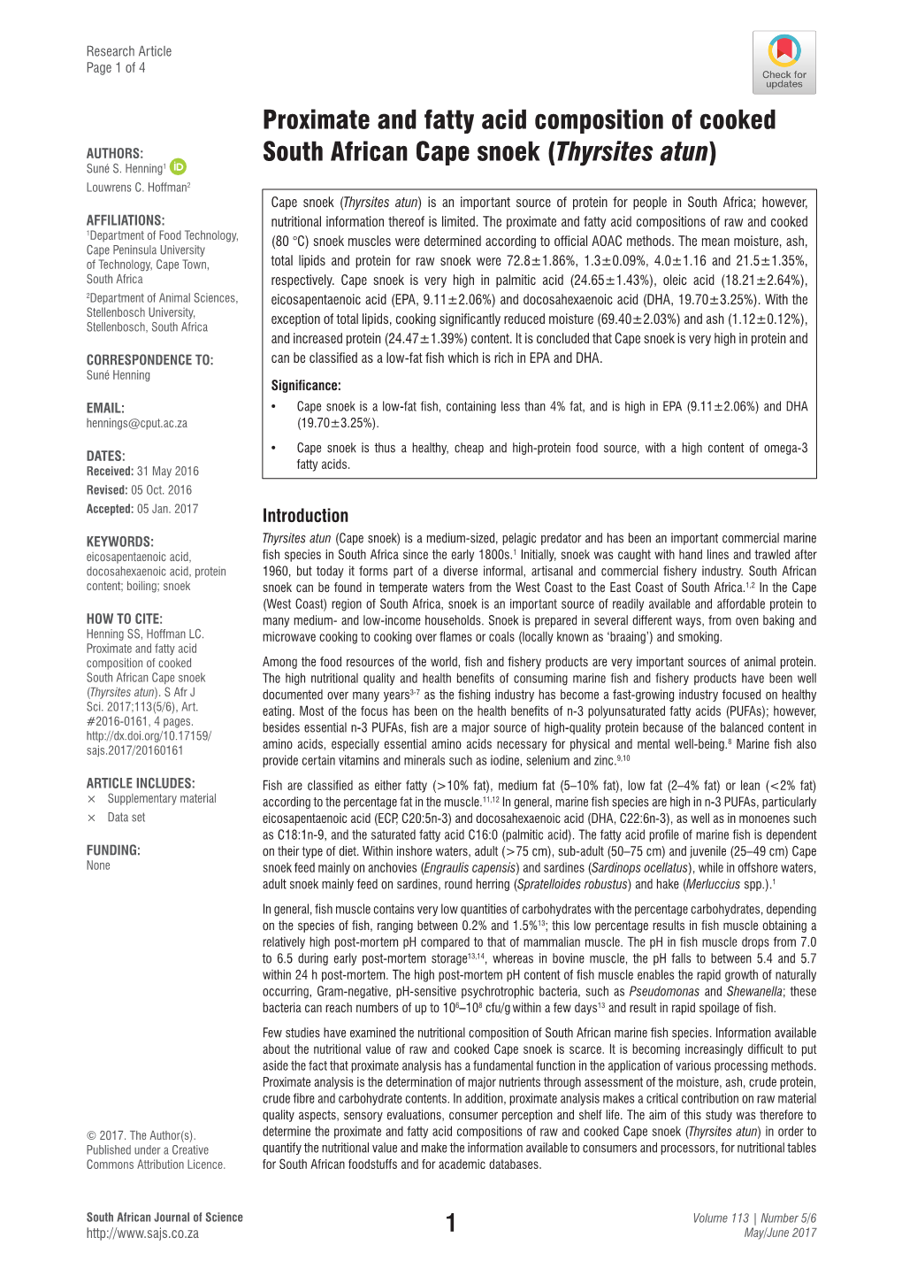 Proximate and Fatty Acid Composition of Cooked South African Cape Snoek