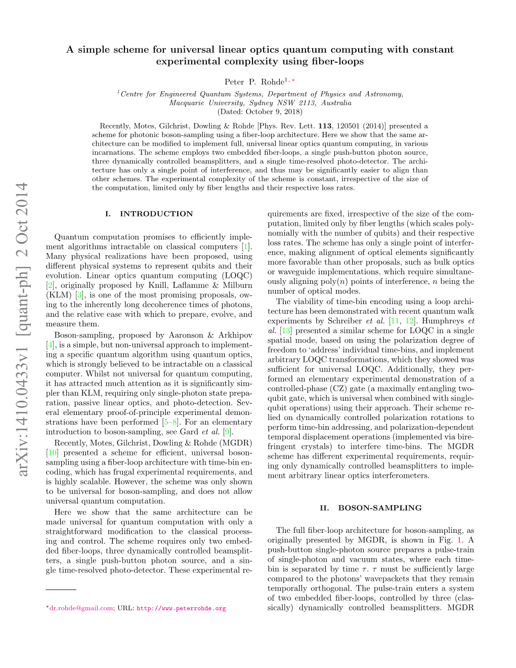 A Simple Scheme for Universal Linear Optics Quantum Computing with Constant Experimental Complexity Using ﬁber-Loops