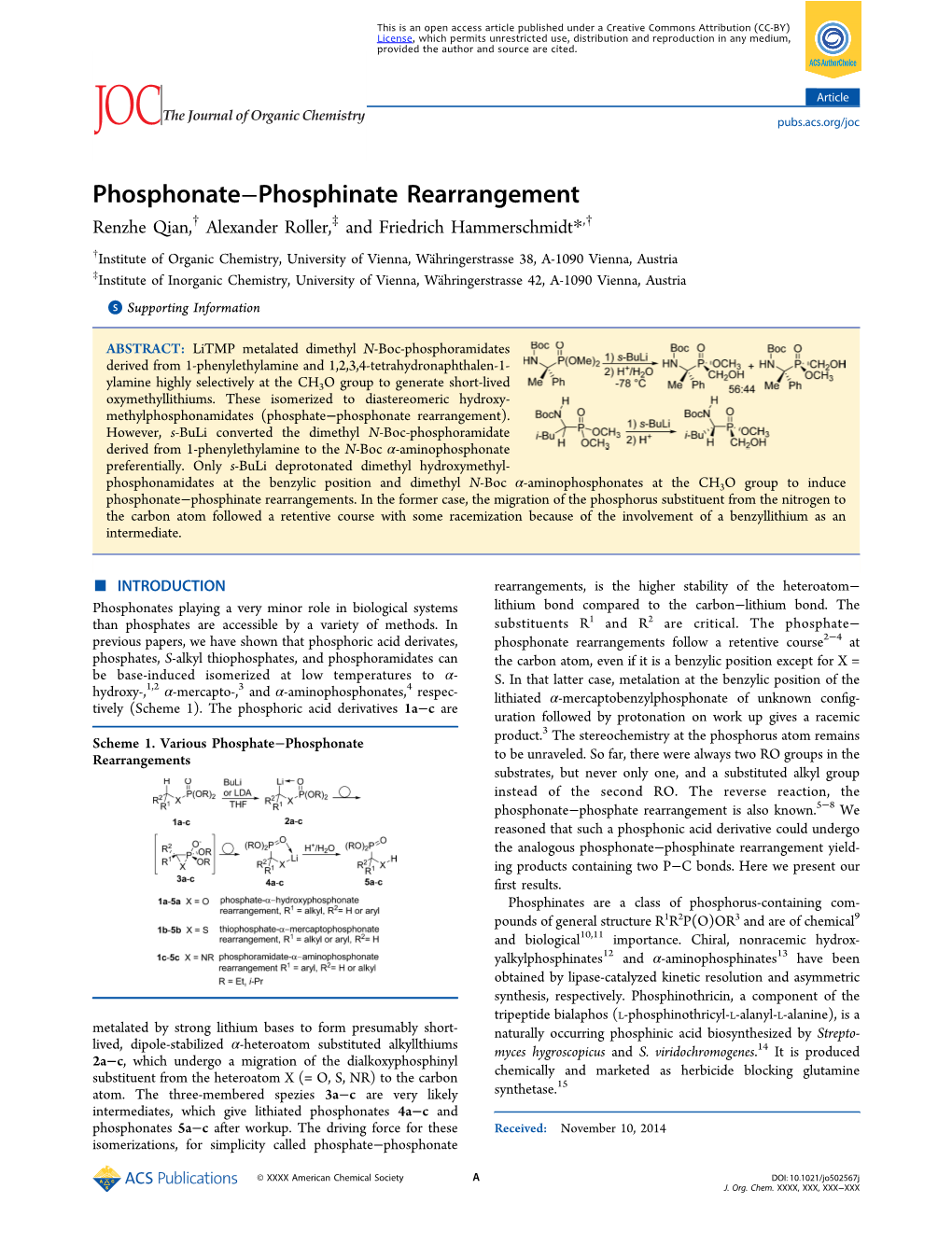 Phosphonate−Phosphinate Rearrangement Renzhe Qian,† Alexander Roller,‡ and Friedrich Hammerschmidt*,†