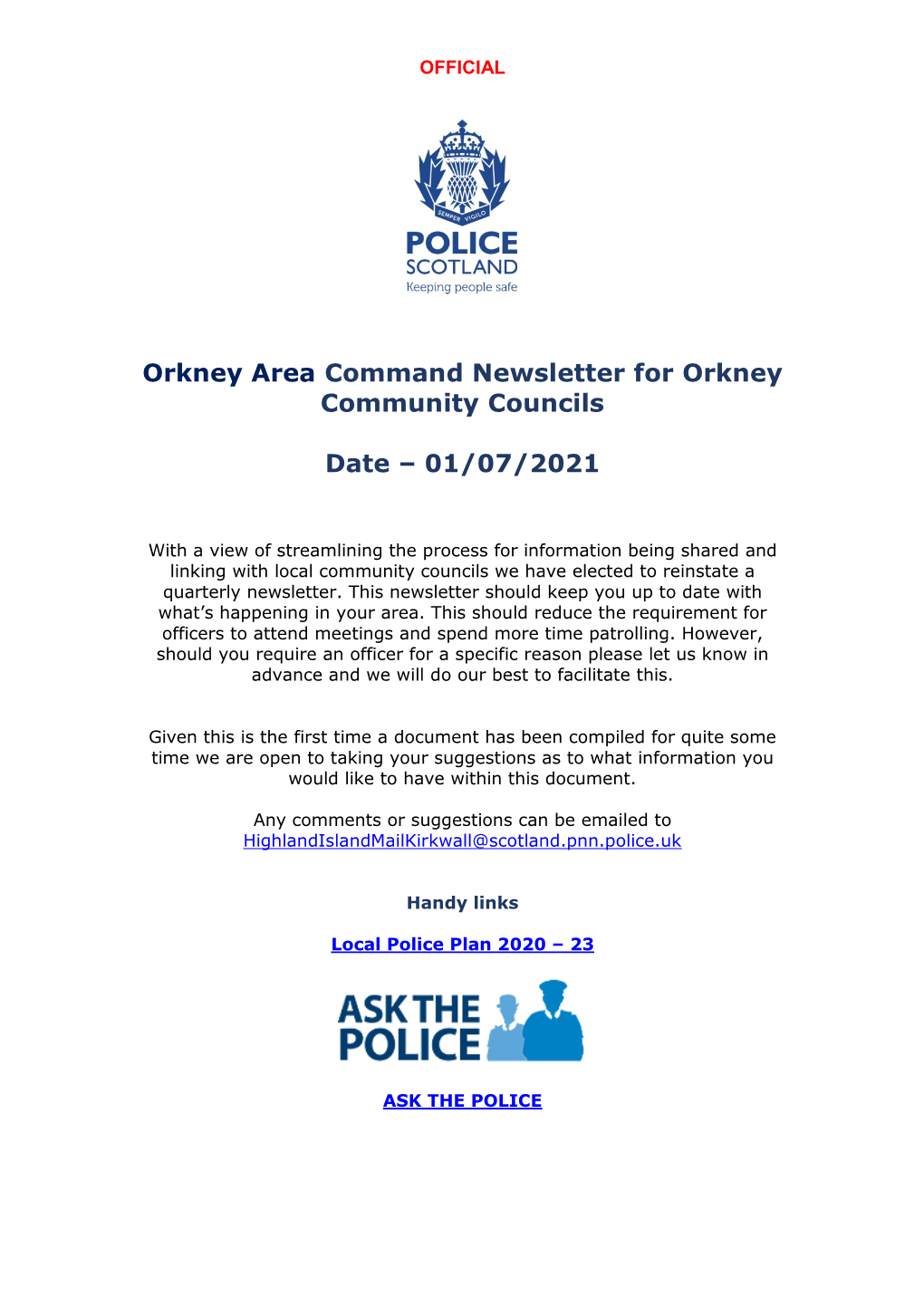 Orkney Area Command Newsletter for Orkney Community Councils Date