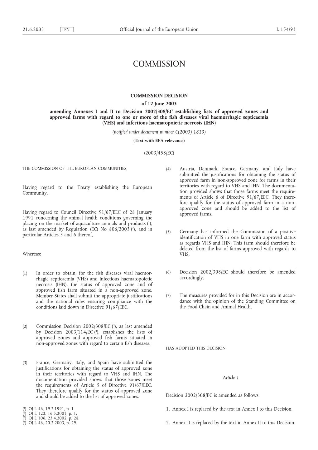 Commission Decision 2003/458/EC Amending Annexes I