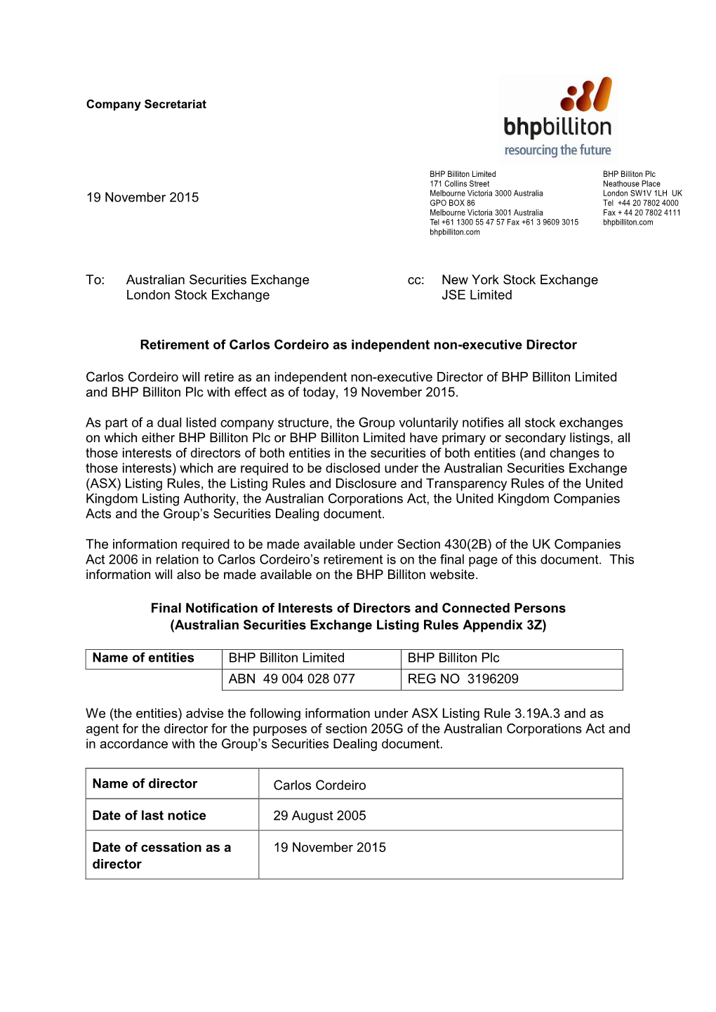 Australian Securities Exchange Cc: New York Stock Exchange London Stock Exchange JSE Limited