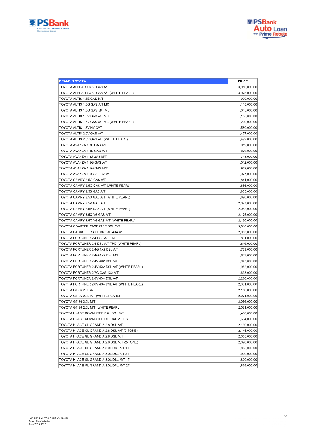 Auto Pricelist 2020 7 03 Toyota, JMC, Jeep and Ford