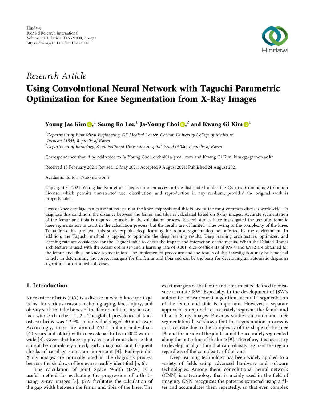 Research Article Using Convolutional Neural Network with Taguchi Parametric Optimization for Knee Segmentation from X-Ray Images