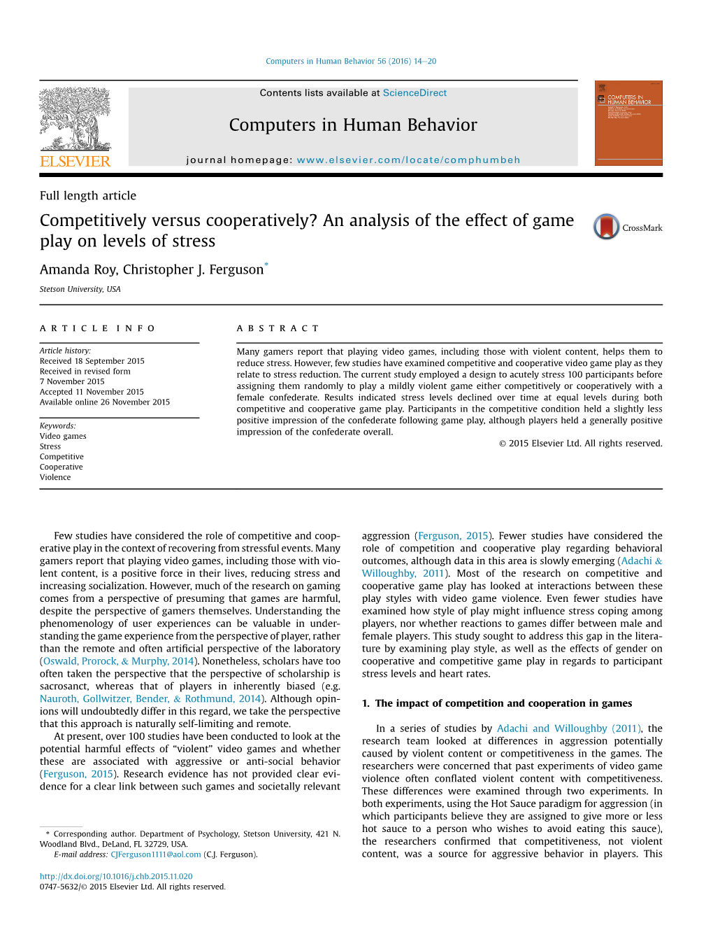 An Analysis of the Effect of Game Play on Levels of Stress