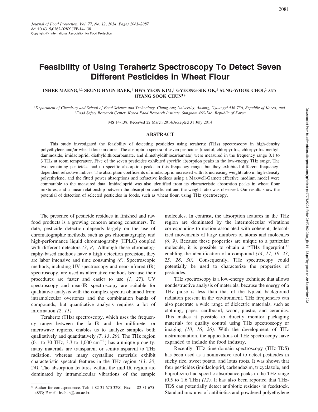 Feasibility of Using Terahertz Spectroscopy to Detect Seven Different Pesticides in Wheat Flour