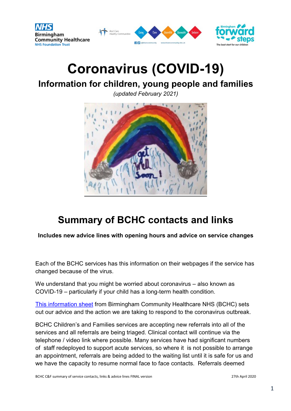 Coronavirus (COVID-19) Information for Children, Young People and Families (Updated February 2021)