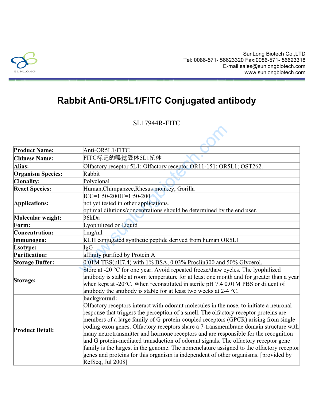 Rabbit Anti-OR5L1/FITC Conjugated Antibody-SL17944R-FITC