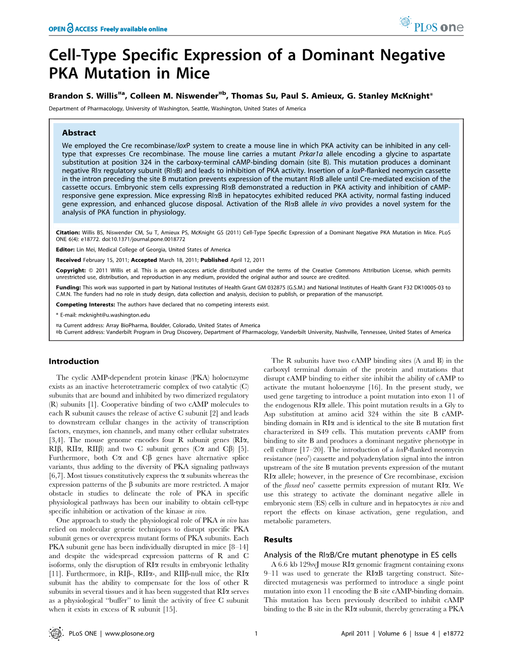 Cell-Type Specific Expression of a Dominant Negative PKA Mutation in Mice