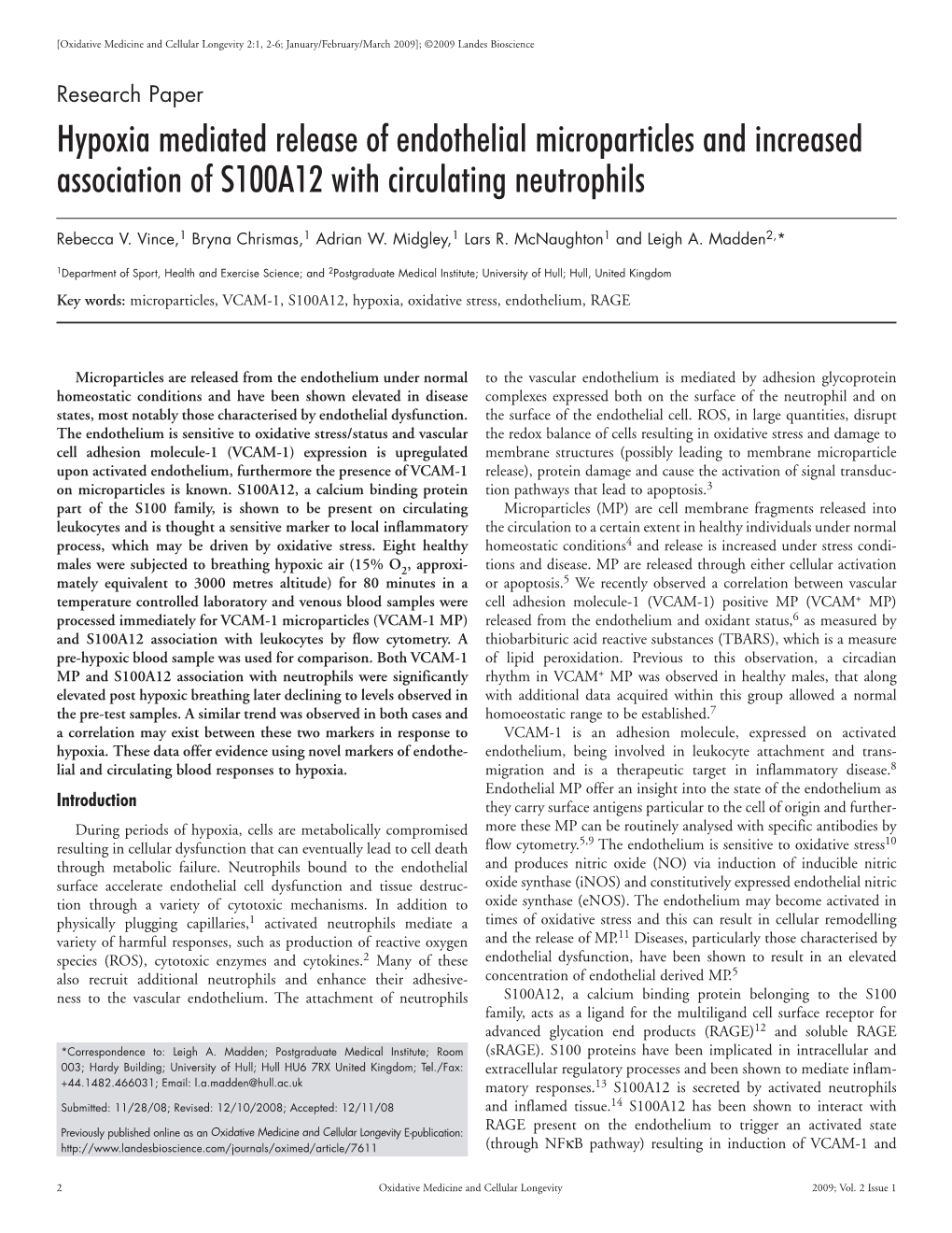 Hypoxia Mediated Release of Endothelial Microparticles and Increased Association of S100A12 with Circulating Neutrophils