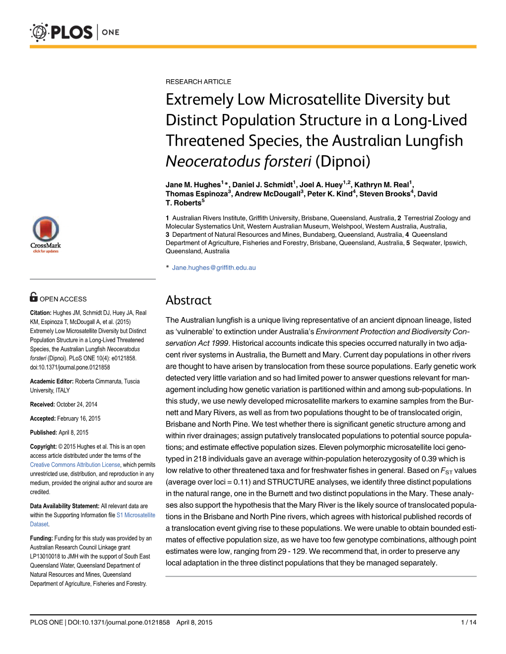 Extremely Low Microsatellite Diversity but Distinct Population Structure in a Long-Lived Threatened Species, the Australian Lungfish Neoceratodus Forsteri (Dipnoi)