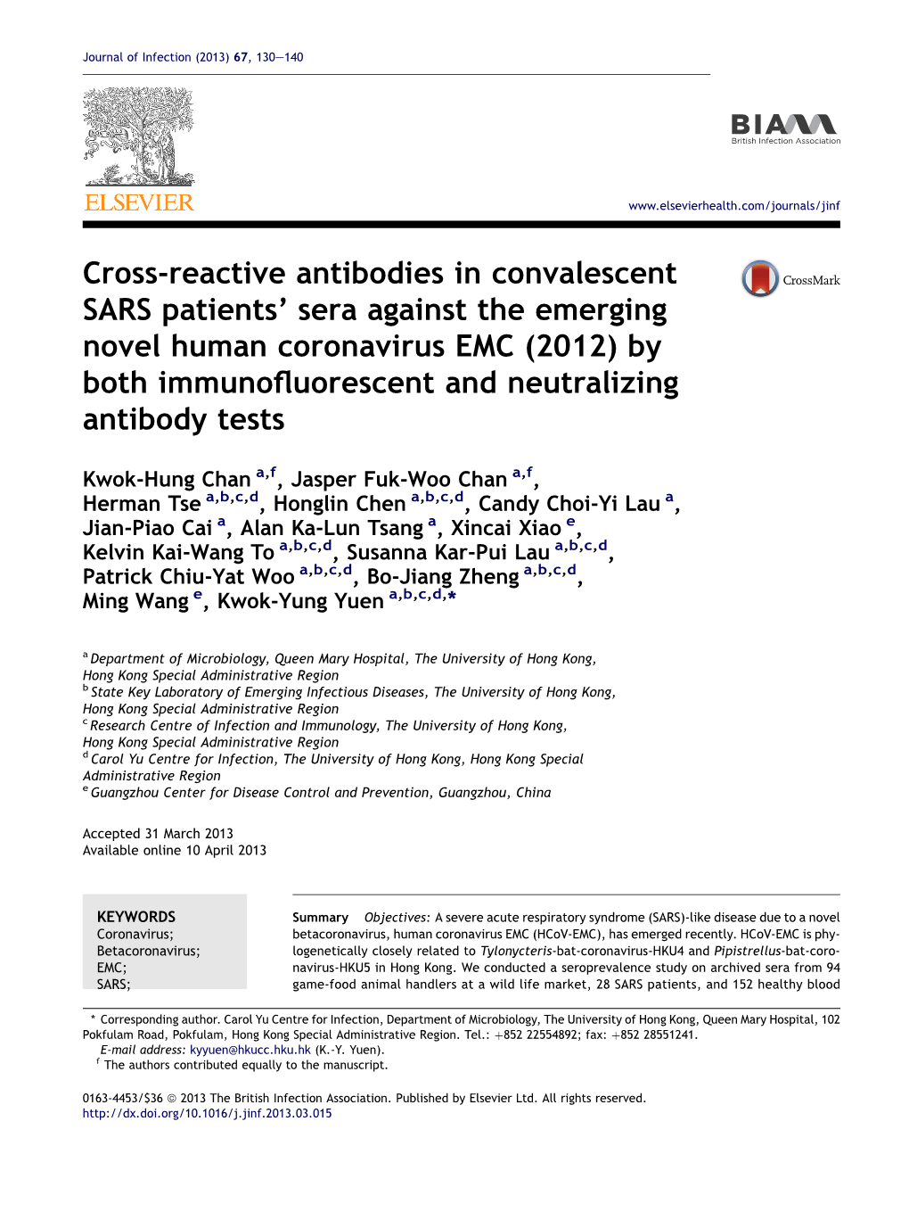 Cross-Reactive Antibodies in Convalescent SARS Patients' Sera