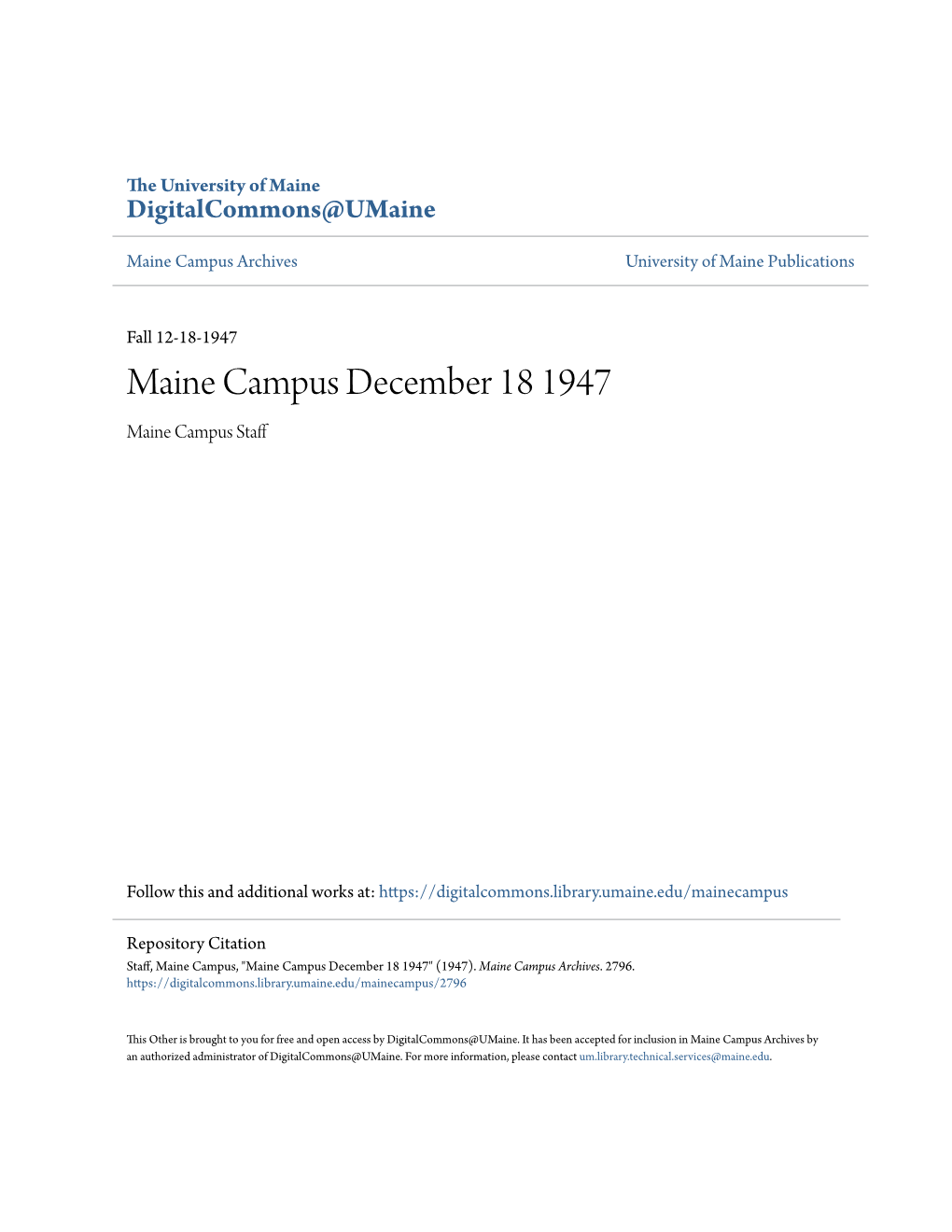 Maine Campus December 18 1947 Maine Campus Staff