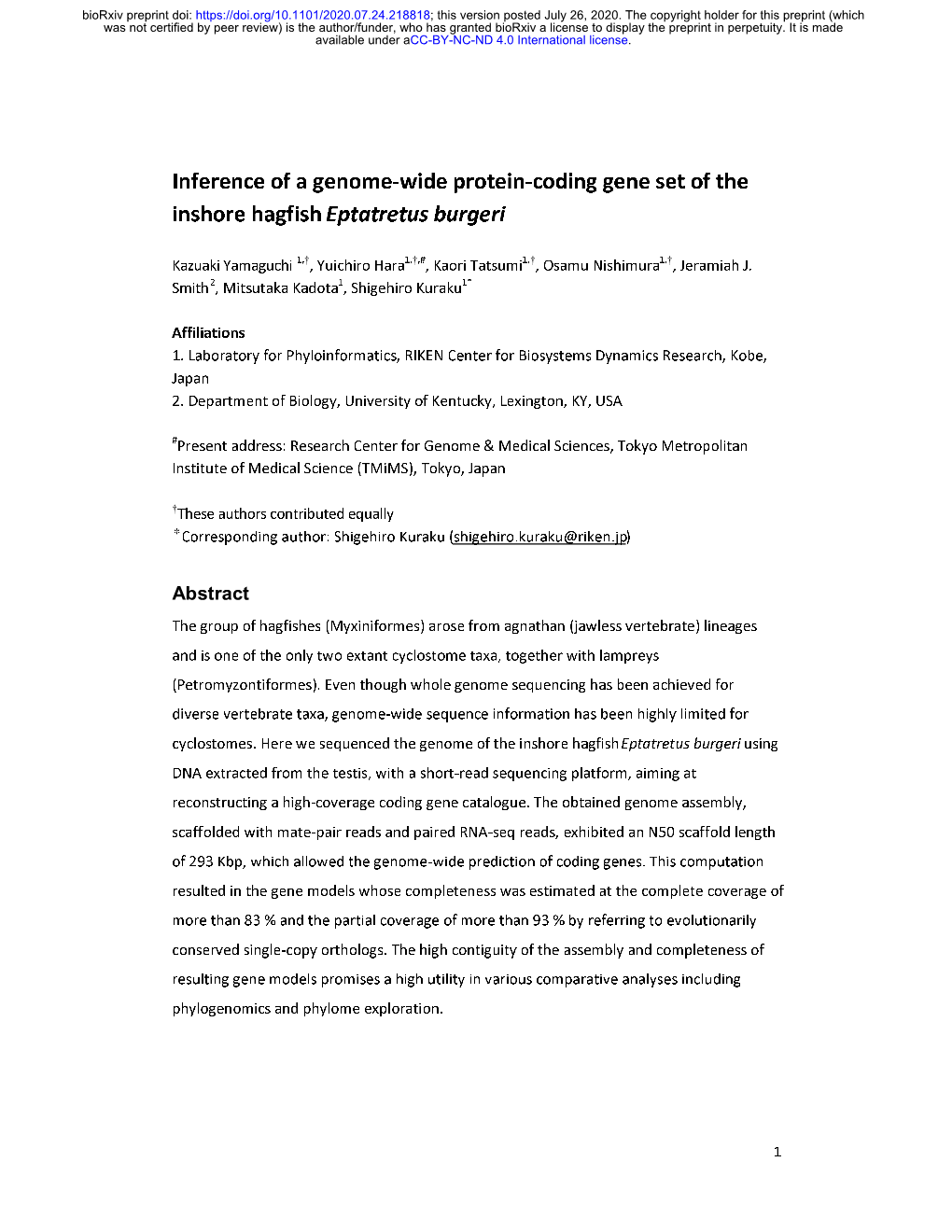 Inference of a Genome-Wide Protein-Coding Gene Set of the Inshore Hagfish Eptatretus Burgeri