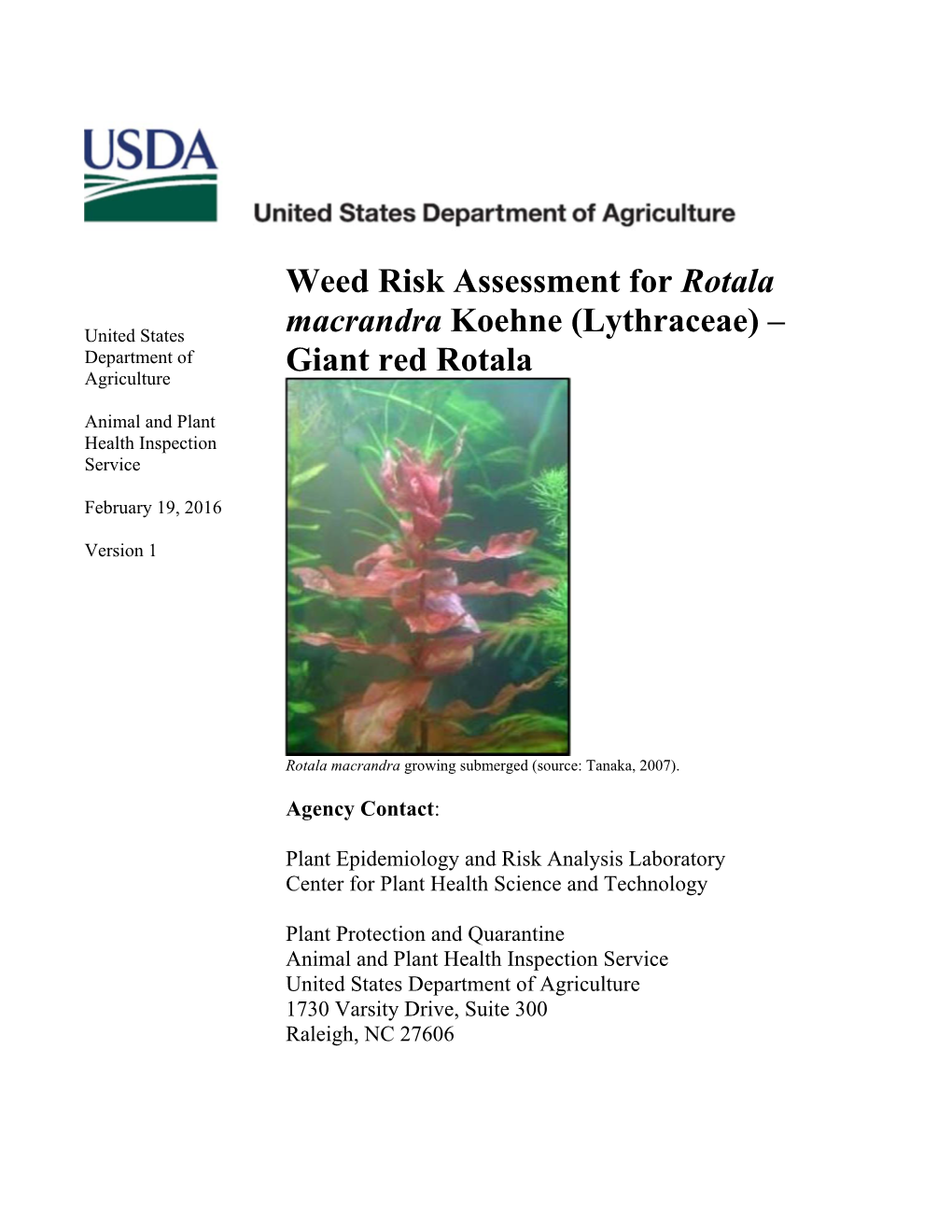 Weed Risk Assessment for Rotala Macrandra Koehne (Lythraceae)