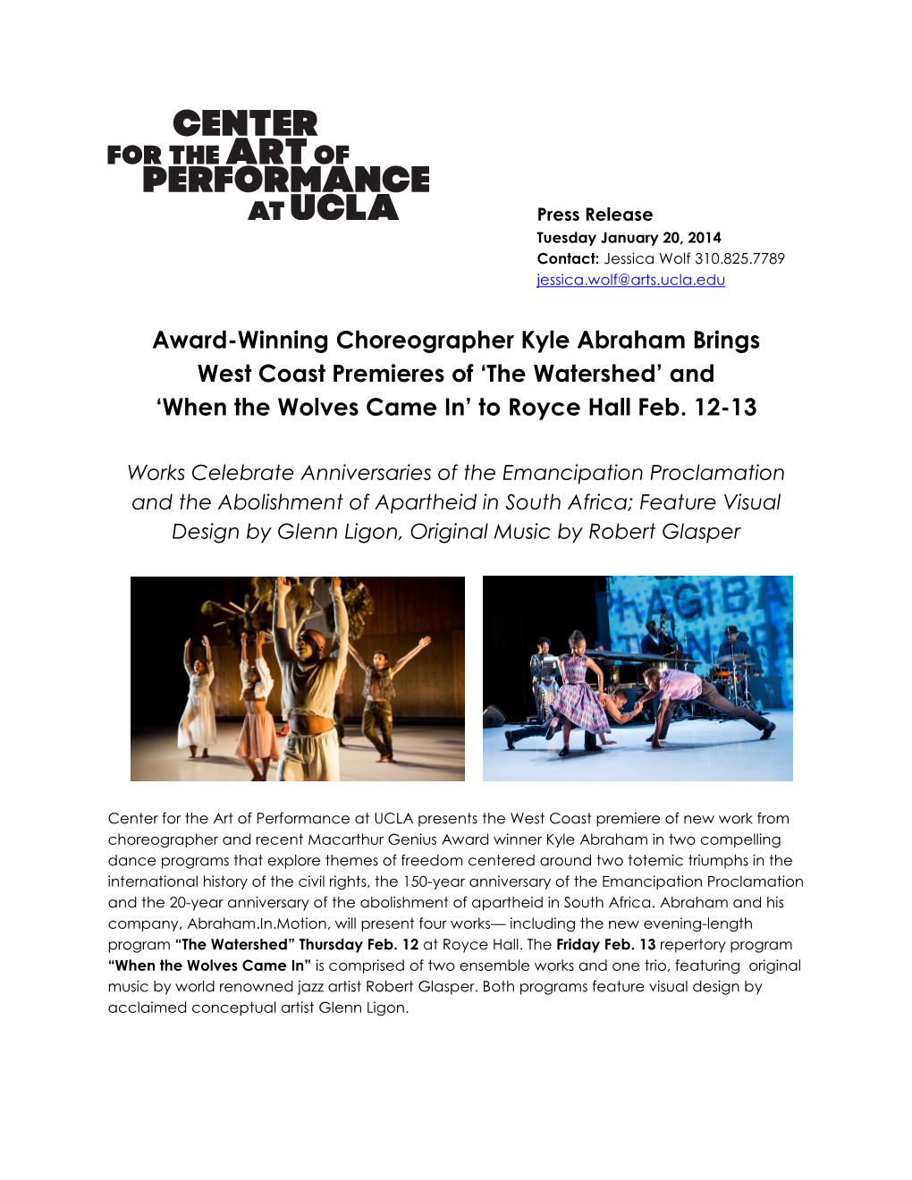 Award-Winning Choreographer Kyle Abraham Brings West Coast Premieres of ‘The Watershed’ and ‘When the Wolves Came In’ to Royce Hall Feb