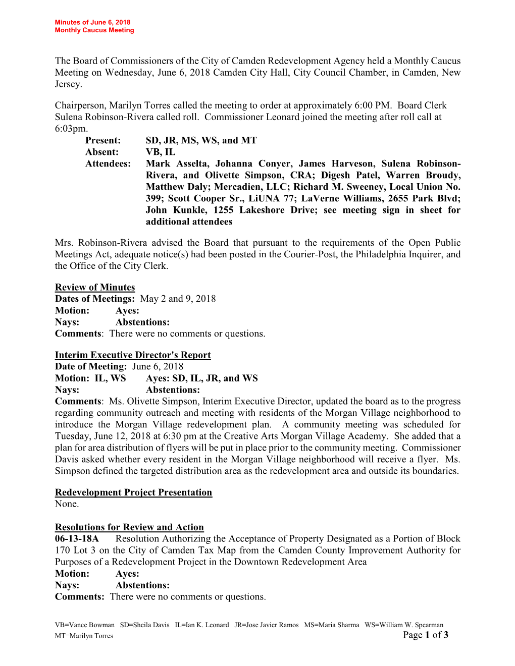 Page 1 of 3 the Board of Commissioners of the City of Camden