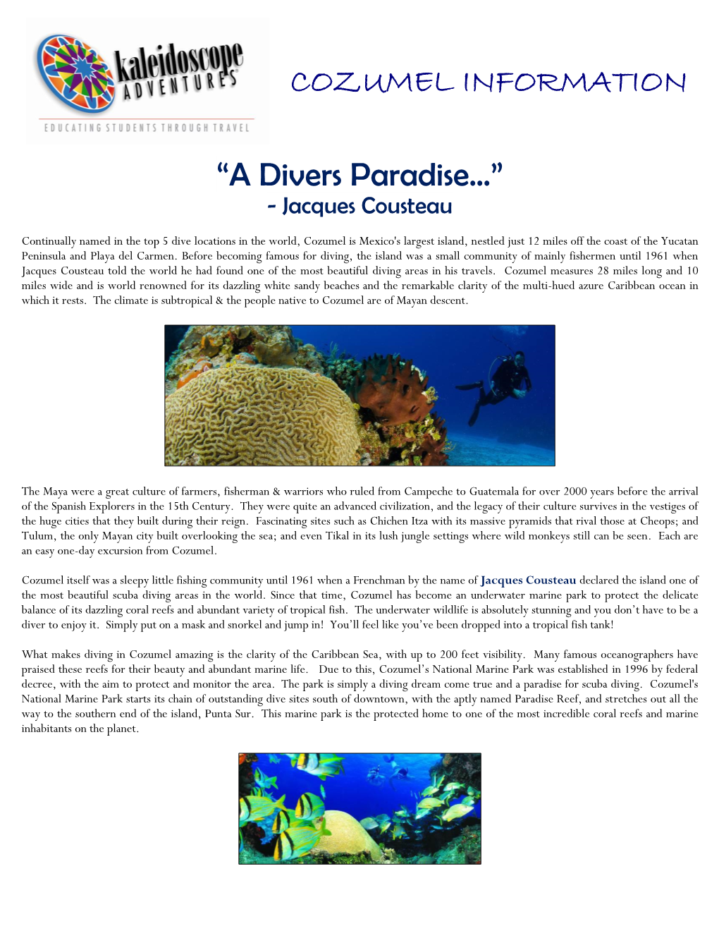 COZUMEL INFORMATION “A Divers Paradise…”