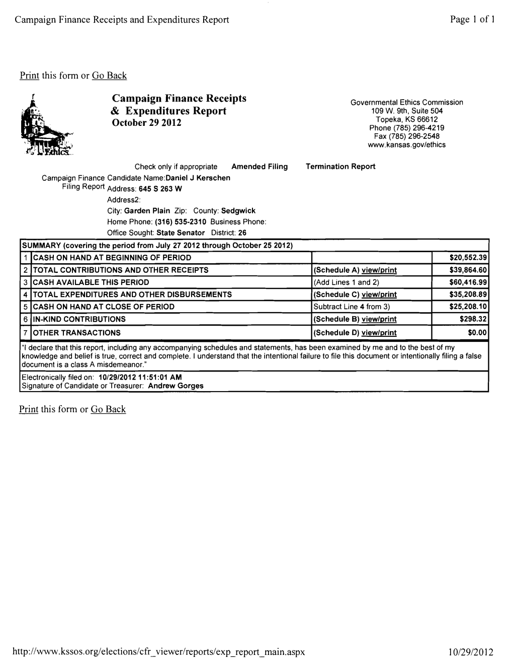 Campaign Finance Receipts & Expenditures Report