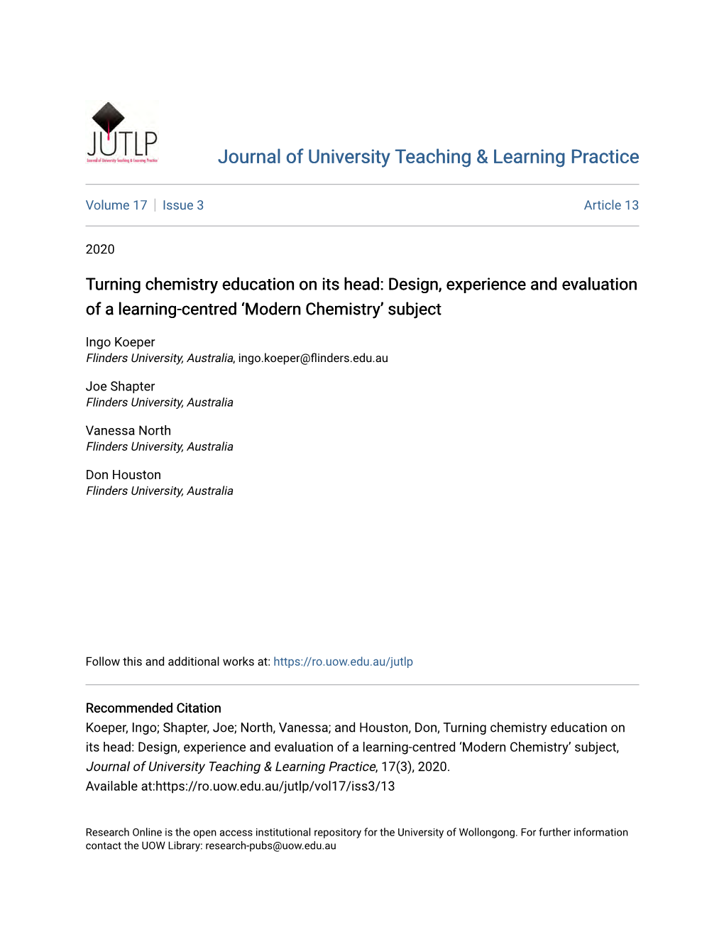 Turning Chemistry Education on Its Head: Design, Experience and Evaluation of a Learning-Centred ‘Modern Chemistry’ Subject