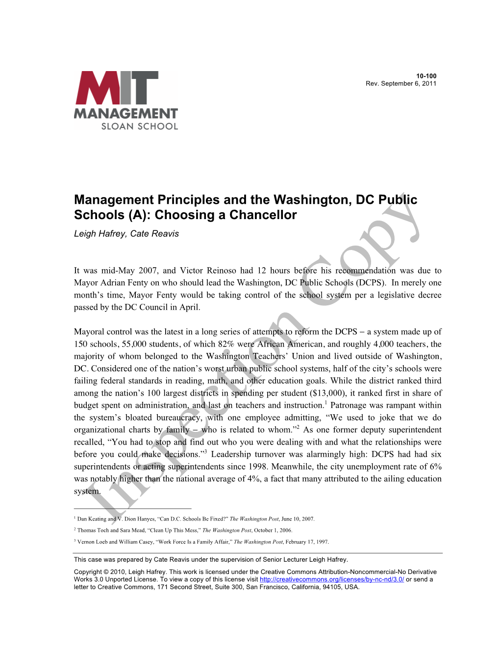 Management Principles and the Washington, DC Public Schools (A): Choosing a Chancellor Leigh Hafrey, Cate Reavis