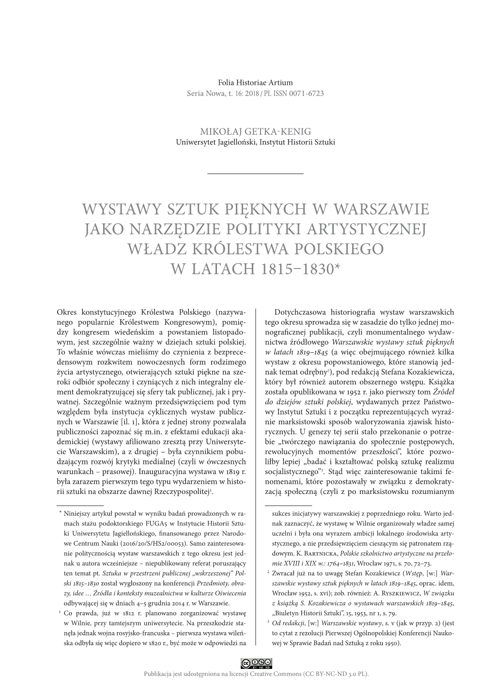 Wystawy Sztuk Pięknych W Warszawie Jako Narzędzie Polityki Artystycznej Władz Królestwa Polskiego W Latach 1815–1830*