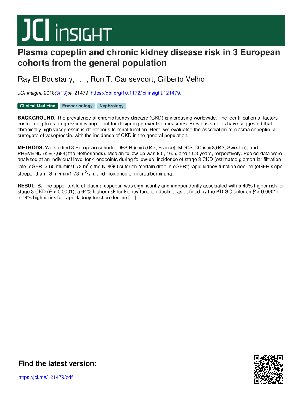 Plasma Copeptin and Chronic Kidney Disease Risk in 3 European Cohorts from the General Population