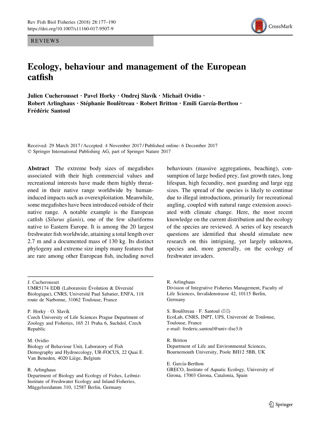 Ecology, Behaviour and Management of the European Catfish