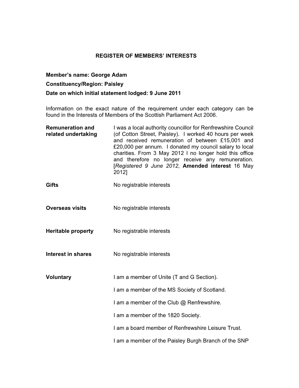 Register of Interests for the Parliamentary Year 11 May 2014 To