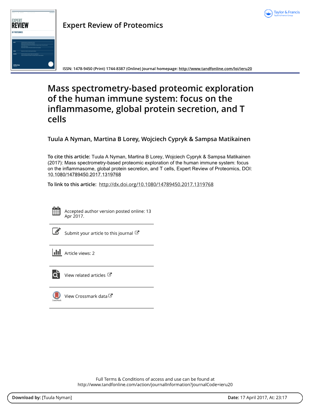 Mass Spectrometry-Based Proteomic Exploration of the Human Immune System: Focus on the Inflammasome, Global Protein Secretion, and T Cells