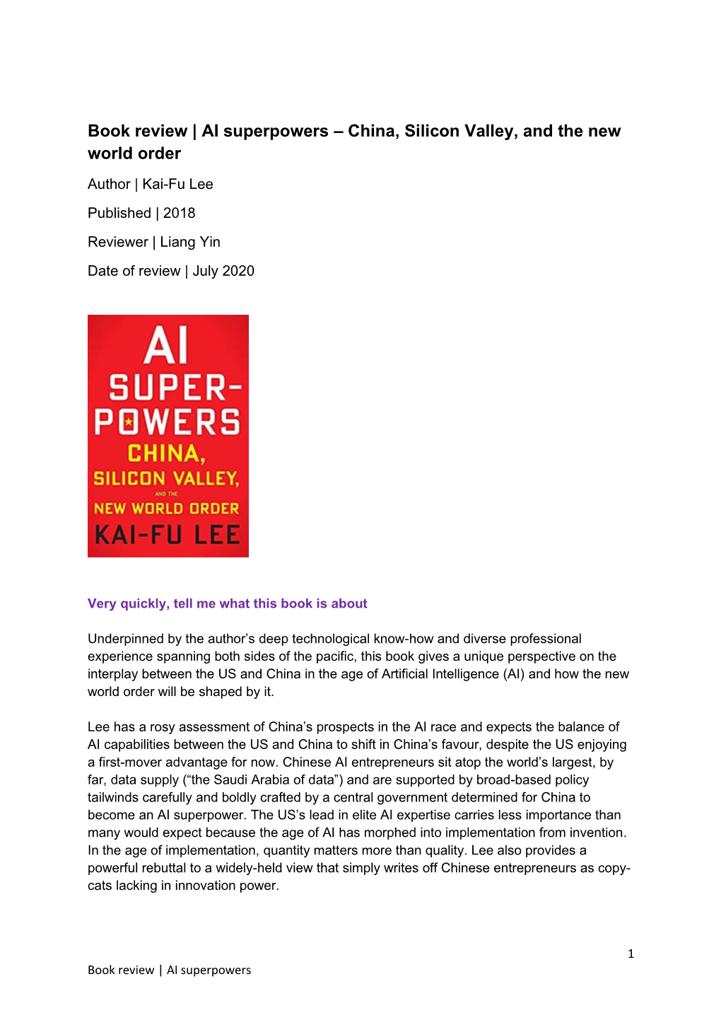 Book Review | AI Superpowers – China, Silicon Valley, and the New World Order