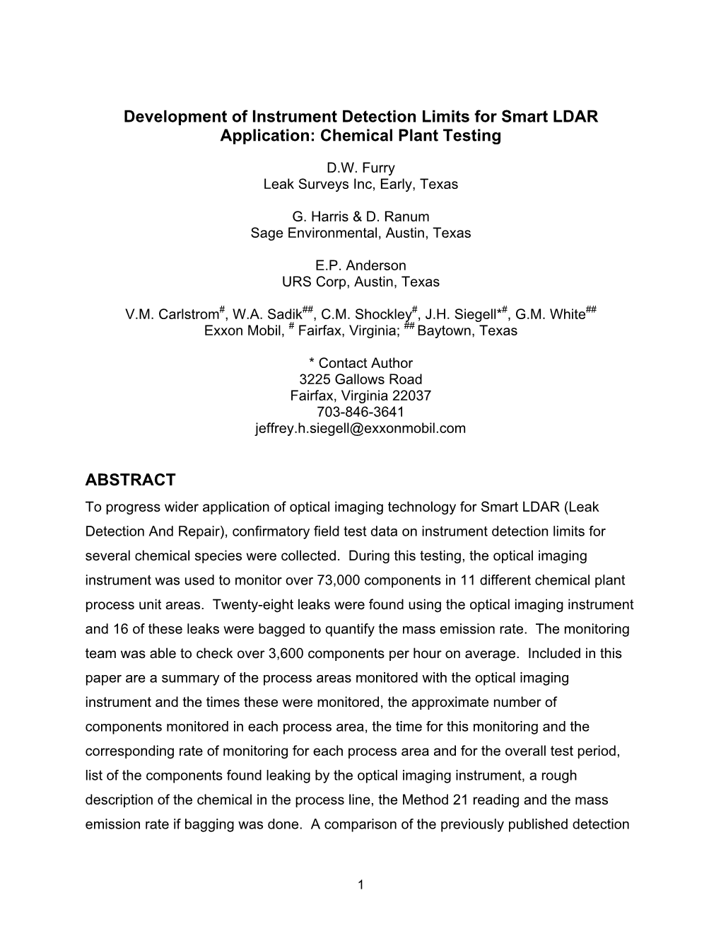 Development of Instrument Detection Limits for Smart LDAR Application: Chemical Plant Testing