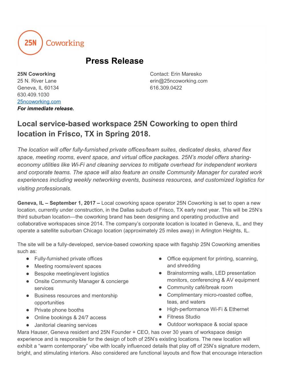 Local Service-Based Workspace 25N Coworking to Open Third Location in Frisco, TX in Spring