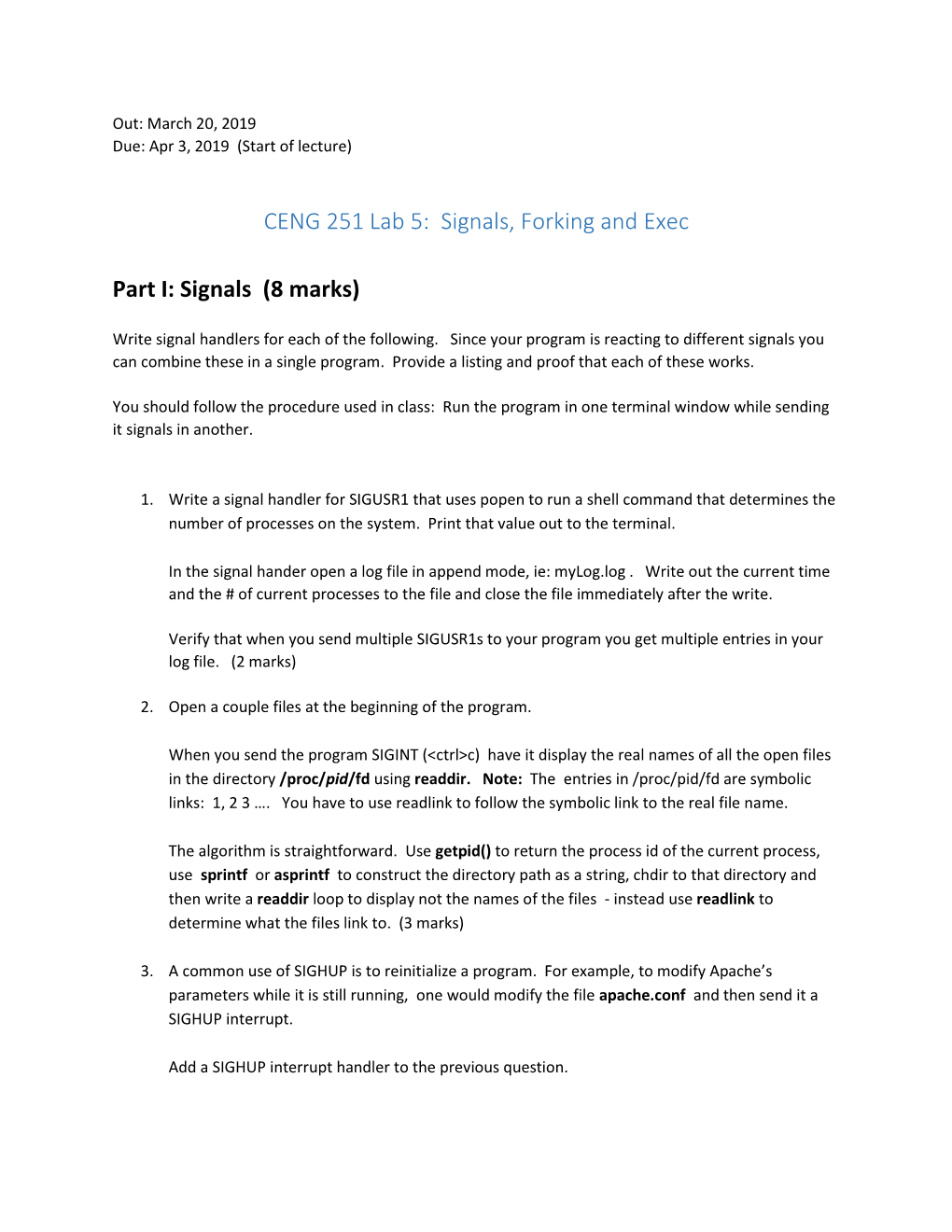 CENG 251 Lab 5: Signals, Forking and Exec Part I: Signals (8 Marks)