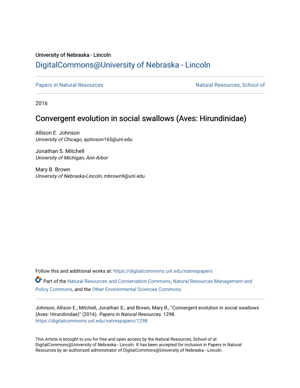 Convergent Evolution in Social Swallows (Aves: Hirundinidae)