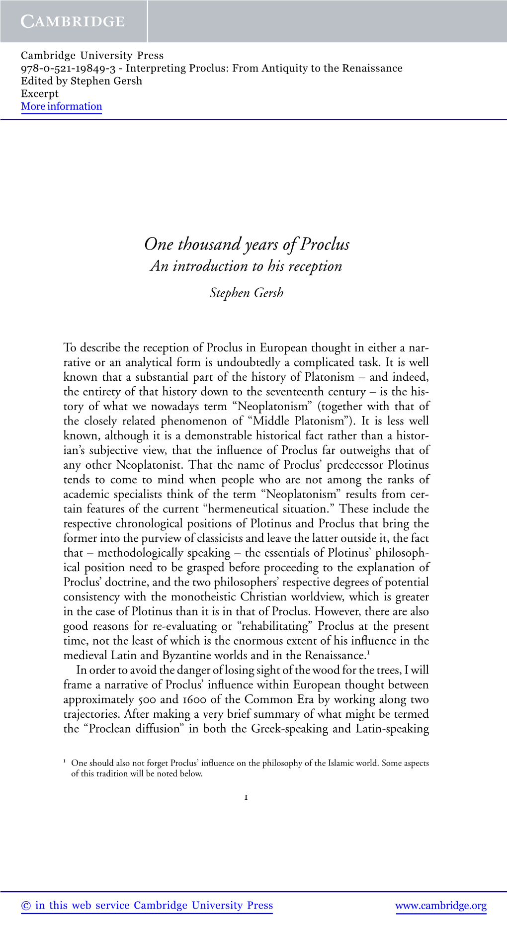One Thousand Years of Proclus an Introduction to His Reception Stephen Gersh