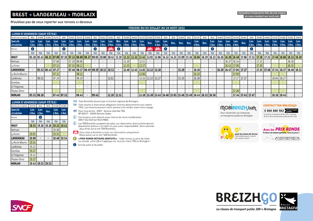 BREST LANDERNEAU MORLAIX En Vous Rendant Sur Sncf.Com N’Oubliez Pas De Vous Reporter Aux Renvois Ci-Dessous PÉRIODE DU 03 JUILLET AU 29 AOÛT 2021