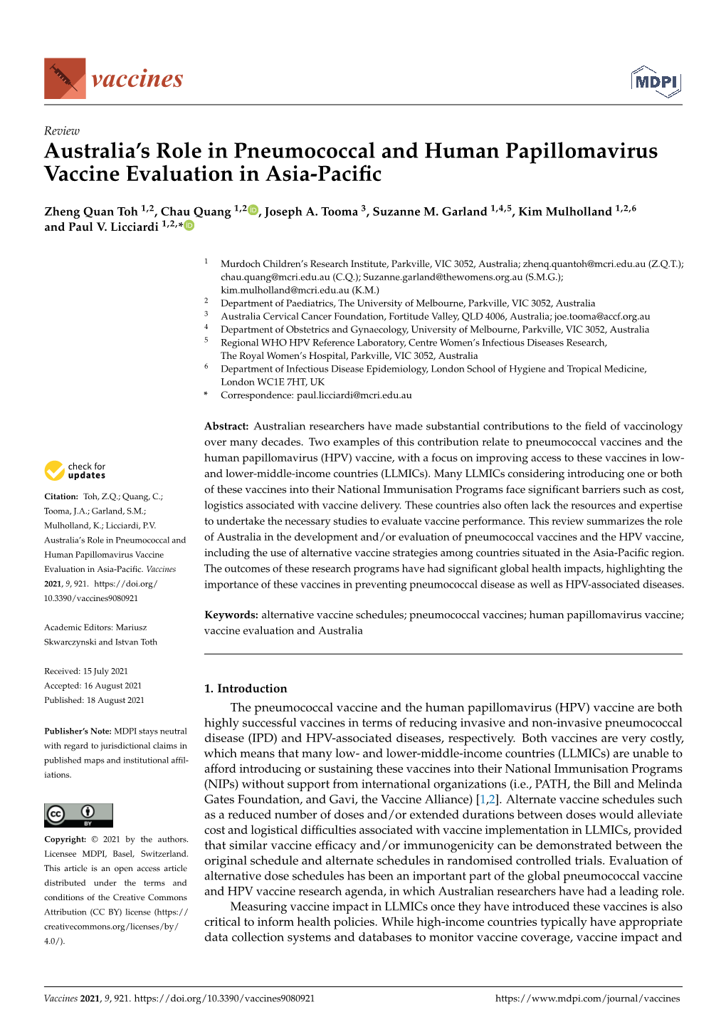 Australia's Role in Pneumococcal and Human Papillomavirus Vaccine